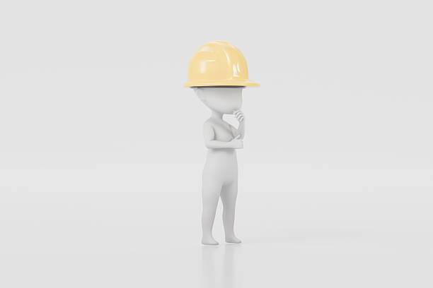 3d a man with safety helmet worker icon. Minimal Cartoon character construction worker holds yellow safety helmet. Construction site concept. human construction worker looking for a solution.3d render