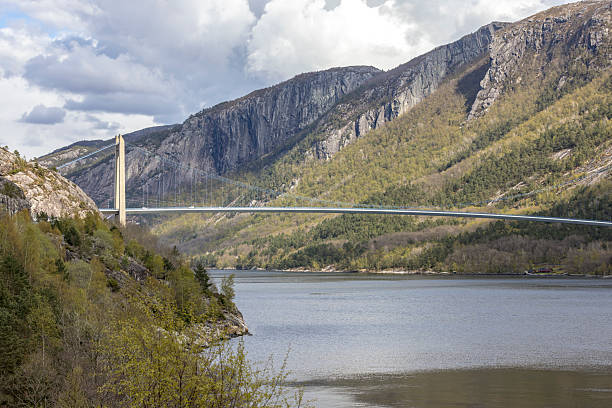 Bridge spanning the Lysefjord in western Norway, crossing calm fjord waters between steep, forested mountain cliffs. Scenic landscape highlighting engineering, connectivity and the dramatic natural environment of the Norwegian fjords.