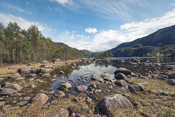 Shallow rocky lake surrounded by forested hills and mountains, with calm water reflecting the sky and landscape. Peaceful natural scene emphasizing stillness, balance and untouched wilderness.