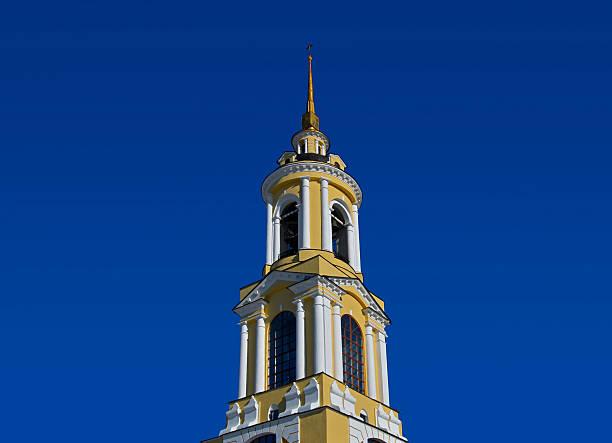 Mosalsk, Russia - February 5, 2025: Bell tower of Saint Nicholas Cathedral on the main square of Mosalsk