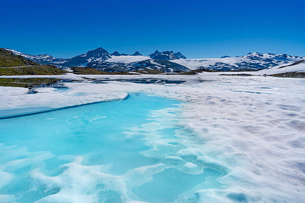 Fantesteinsvatnet lake reflection, turquoise ice, Jotunheimen National Park, Sognefjellet Route 55, Norway summer