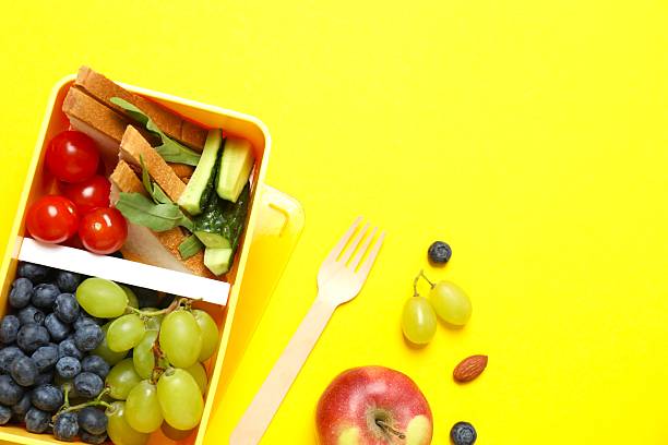 istock Packed lunch with sandwiches, fruits, nuts and vegetables in a divided container 2253839942