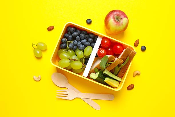 istock Packed lunch with sandwiches, fruits, nuts and vegetables in a divided container 2253839977