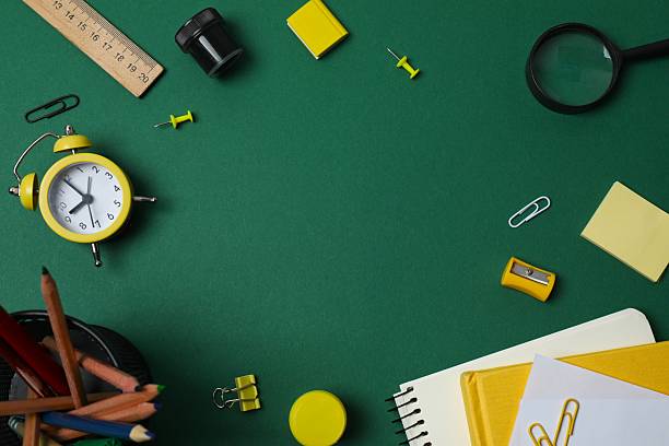 istock Flat lay with school stationery on green background, top view 2253840041