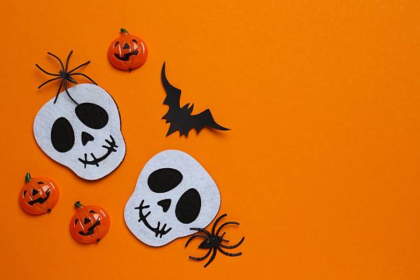 istock Halloween poscard with festive decorations on orange background . Top view, space for text 2253842163