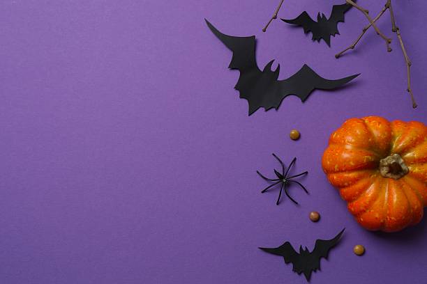 istock Halloween poscard with festive decorations on purple background . Top view, space for text 2253842260