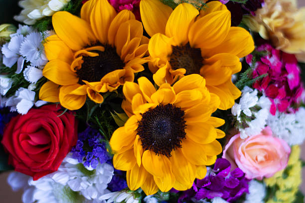 istock A lush, multi-colored floral arrangement centered around bright yellow sunflowers, complemented by red roses and various delicate wildflowers. 2253848850