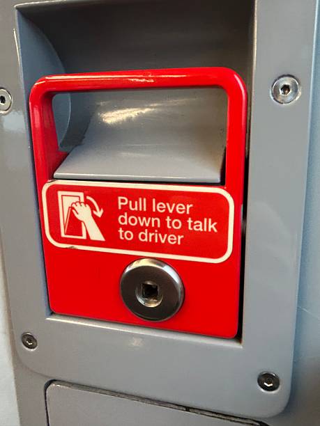 istock Red Push Bar Intercom Lever for Passenger Talk to Driver on Public Transport 2253849046