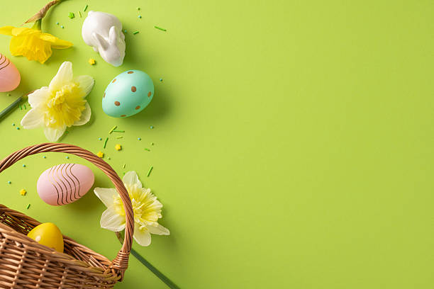 istock Vibrant Easter scene with pastel eggs, a wicker basket, and bright yellow flowers set on a lime green background, perfect for springtime celebrations and Easter greeting visuals 2253853603