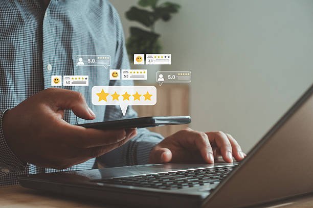 istock Customer service satisfaction survey concept. Client rate service from experience in online application. User give five star and feedback review for quality, Business reputation ranking from consumer 2253853767