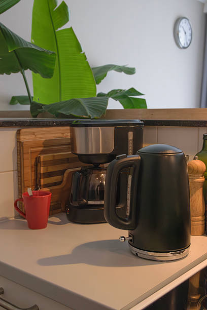 istock Coffee maker and electric kettle on kitchen counter with plants and clock in the background 2253862556