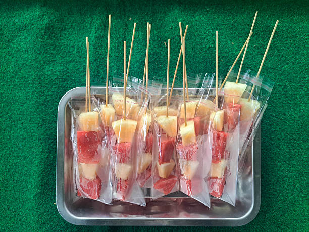 Sate Buah or Fruit Satay with watermelon and pineapple. Dessert Menu. Top View.