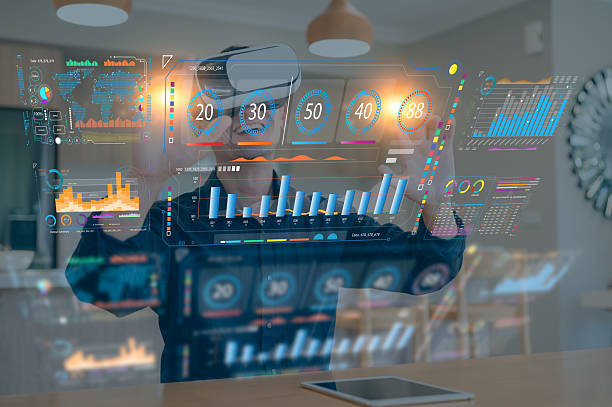 istock Businessman wearing VR glasses virtual touchscreen on the chart Icon on virtual glob, Technology Process System Business with Communication and marketing concept, big data, business performances 2253866776