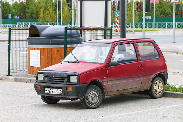 Tyumen, Russia - September 12, 2025: Old small minicar VAZ-11113 Oka in the city street.