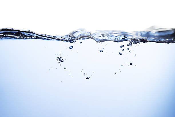Air Bubbles Float Up Underwater. Water Splashing, Pure Drinking Water, Oxygen Relaxation. Blue Water Textured on White Background.