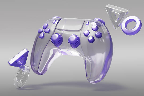istock 3d transparent wireless gamepad with purple buttons for console handle remote gaming controller. Clear joystick for video game, joypad with flying geometric shapes on grey background 2253878844