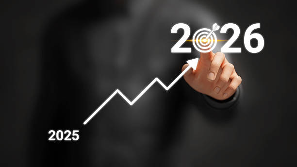 istock 2025 to 2026 Business Growth Data Analysis with Graph. Performance Review, Growth Insights, Strategic Planning, Market Trends, Goal Tracking and Global Success. Businessman achieving 2026 Targets. 3D 2253879441