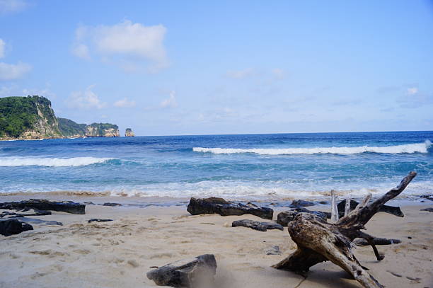 A secluded tropical beach with soft white sand, turquoise waves, and rocky headlands covered in lush green forest under a bright blue sky with scattered clouds, creating a peaceful and untouched coastal landscape.