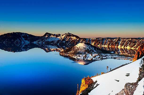 Sunrise Reflection at Crater Lake with Snow Covered Wizard Island, Oregon