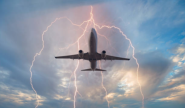 istock Airplane in the sky with thunder and lightning 2253889403