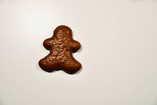 A single, delicious chocolate-covered gingerbread man cookie centered on a clean white background. Perfect for Christmas food marketing, holiday baking concepts, and seasonal dessert promotions. High-angle shot with soft lighting.