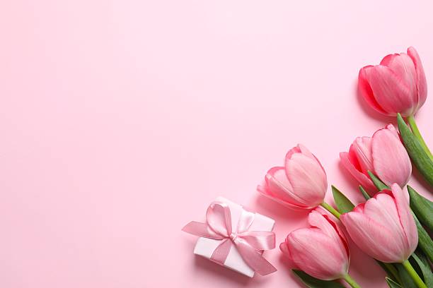 istock Beautiful fresh tulips with gift box on color background 2253895366