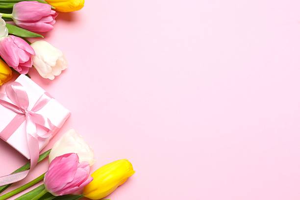 istock Beautiful fresh tulips with gift box on color background 2253896051