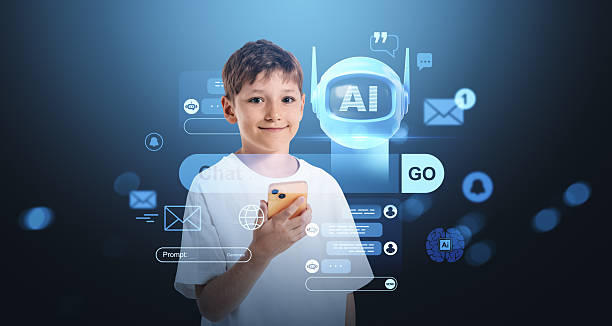 istock Smiling boy holding smartphone surrounded by futuristic digital 2253903167