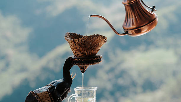 Slowly pouring hot water into a teapot, surrounded by a peaceful mountain view