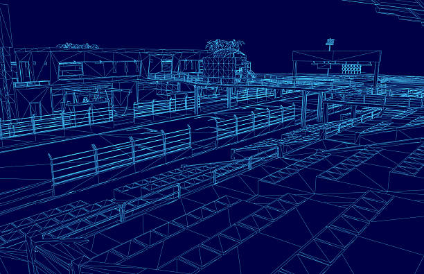 istock A wireframe blueprint of a factory building features numerous windows and a perimeter fence against a blue background. 2253905222