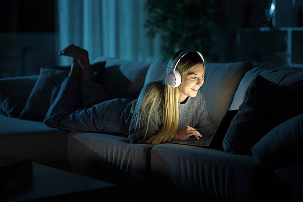 istock Happy woman using personal computer in the night at home 2253907788