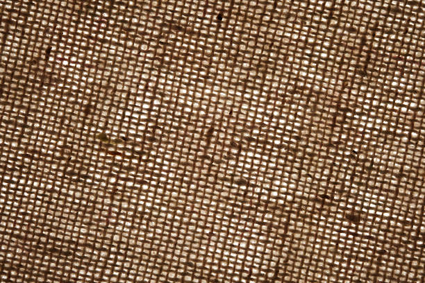 Macro image of a tightly woven burlap surface. Thin brown fibers intersect to form a dense grid pattern with subtle highlights and natural irregularities.