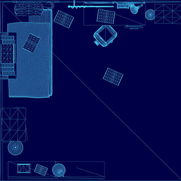 istock A children's room blueprint displays a wireframe layout with a bed, desk, and open floor space for planning furniture arrangement. Top view 2253910624