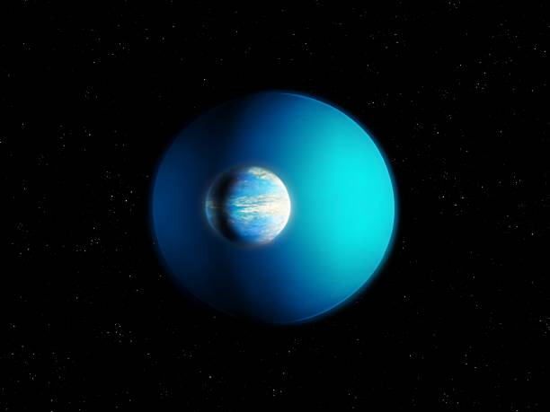 Size comparison of rocky planet and gas giant. Earth-like exoplanet vs mini-Neptune in space.