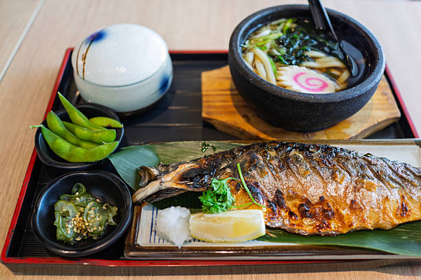 Japanese Grill Mackerel Fish Set Meal with Udon Soup and Side Dishes