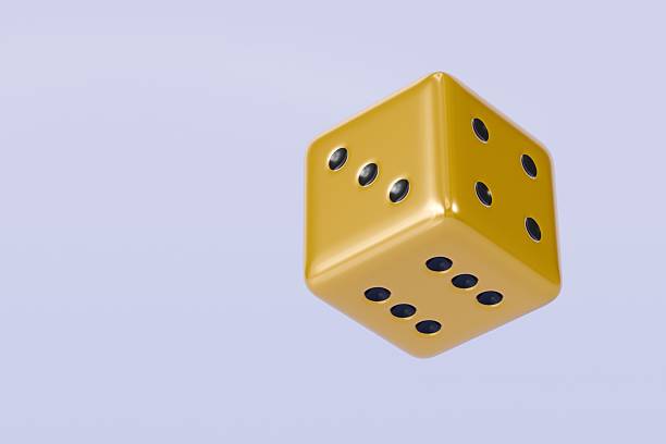 3d Rolling gold dice icon isolated on purple background. White roll cubes for gamble games concept, casino token concept. 3d gold dice cube icon. 3d render.