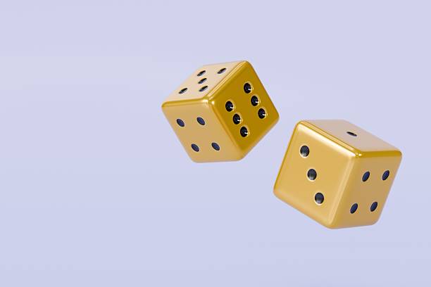 istock 3d Rolling gold dice icon isolated on purple background. White roll cubes for gamble games concept, casino token concept. 3d gold dice cube icon. 3d render. 2253915913