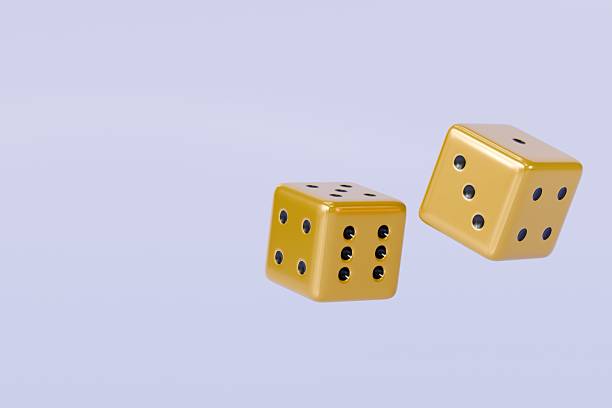 istock 3d Rolling gold dice icon isolated on purple background. White roll cubes for gamble games concept, casino token concept. 3d gold dice cube icon. 3d render. 2253915917