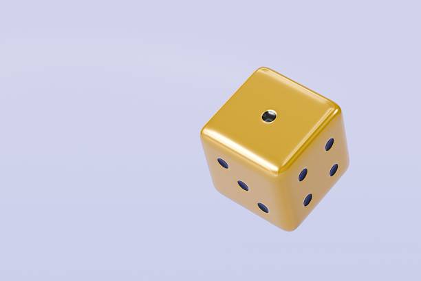 istock 3d Rolling gold dice icon isolated on purple background. White roll cubes for gamble games concept, casino token concept. 3d gold dice cube icon. 3d render. 2253915918