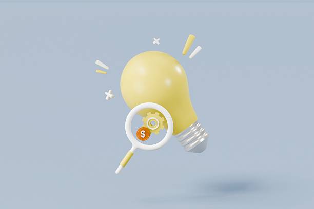 istock 3D Light Bulb with magnify icon. Business idea and strategy concept. Energy-saving lamp. Eco-friendly electricity. Bright lightbulb. Minimal Cartoon icon design isolated on blue background. 3D Render 2253916156