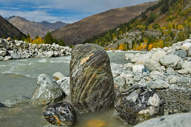 Russia. Kabardino-Balkaria. View of the picturesque rocks of the mountain river Shkhelda near Mount Elbrus.