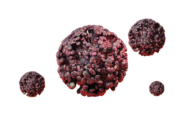 3d Coronavirus particle virus with red spike protein on red surface, close up view of virus structure icon, detailed viral infection concept with digital illustration and dark background. 3d render.