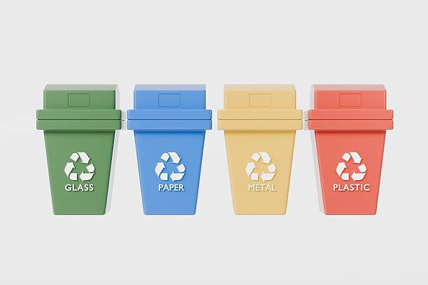 3D Realistic Recycling Bin Icon with multiple color variations. Minimal Cartoon Waste trash bin, Garbage container, Recycle bin icon. Emphasizing sustainability and eco-friendliness concept 3d render.
