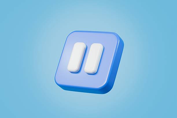 istock 3d Realistic Pause Icon. blue round pause buttons for start multimedia with simplicity colorful video concept, audio playback. Minimal Cartoon watch buttons isolated on blue background. 3d render. 2253922899