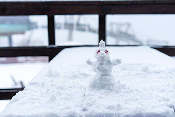 Close-up of a snowman in a scarf Santa hat red mittens a carrot nose and a charming smile, gazes out with stunning eyes at mountains