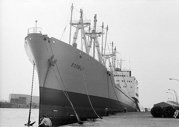 Sorel-Tracy, Canada, - circa 1978: soviet cargo ship Volzhsk is anchored near marina