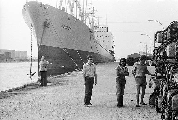 Sorel-Tracy, Canada, - circa 1978: soviet cargo ship Volzhsk is anchored near marina