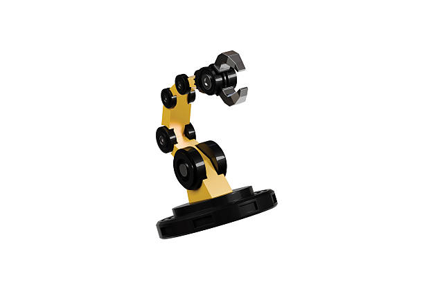 3d Mechanical arm in the isolated on white background, industrial robot, robot arm. Minimal Yellow & Black robotic arm with grey gripper standing. 3d rendering.