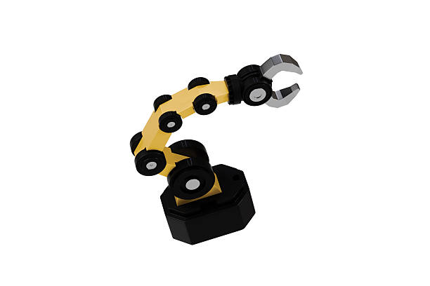 3d Mechanical arm in the isolated on white background, industrial robot, robot arm. Minimal Yellow & Black robotic arm with grey gripper standing. 3d rendering.