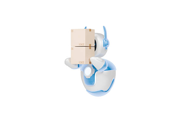3d robot courier icon. Smart logistics concept. Minimal cartoon ai robot holding two parcel boxes for futuristic delivery isolated on white transparent background. 3d render